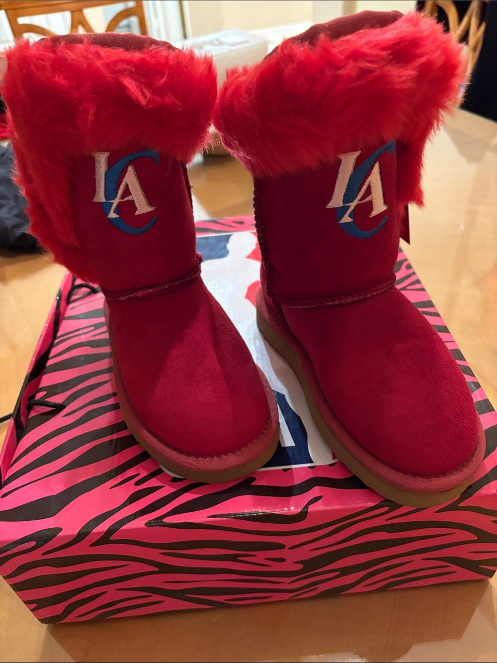 Red Faux Fur-Lined Boots with LA Clippers Logo
